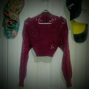 Off-the-Shoulder Cropped Knit Sweater in Wine